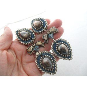 Vintage Sins Signed Art to Wear Silver Heart Blue Bow Long Dangle Clip Earrings